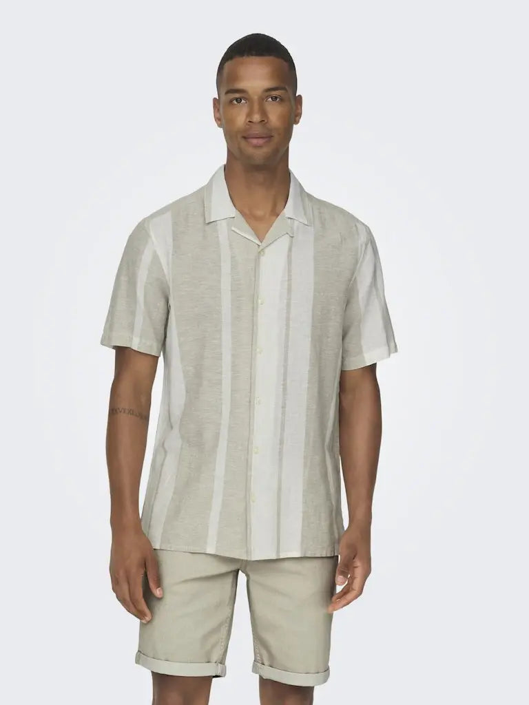 Caiden Resort Linskjorte Stripe SS - Vintage Khaki Only & Sons