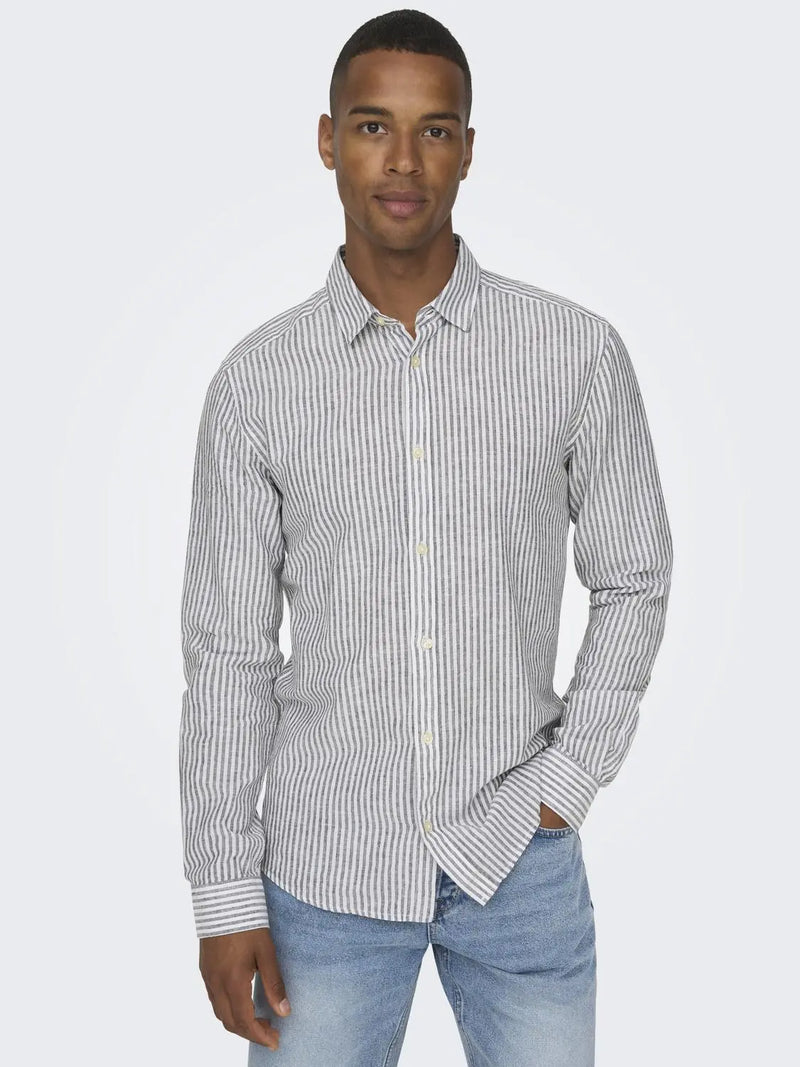 Caiden Stripe Linskjorte - Dark Navy Stripe Only & Sons