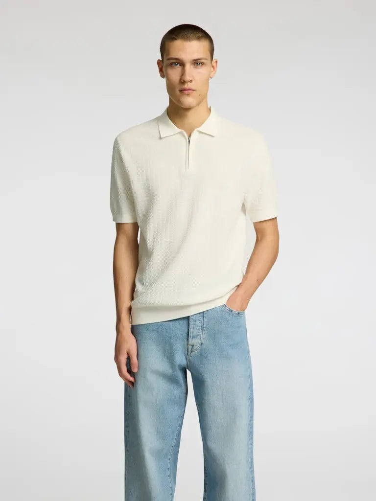 Cran Strikket Polo - Egret Selected Homme