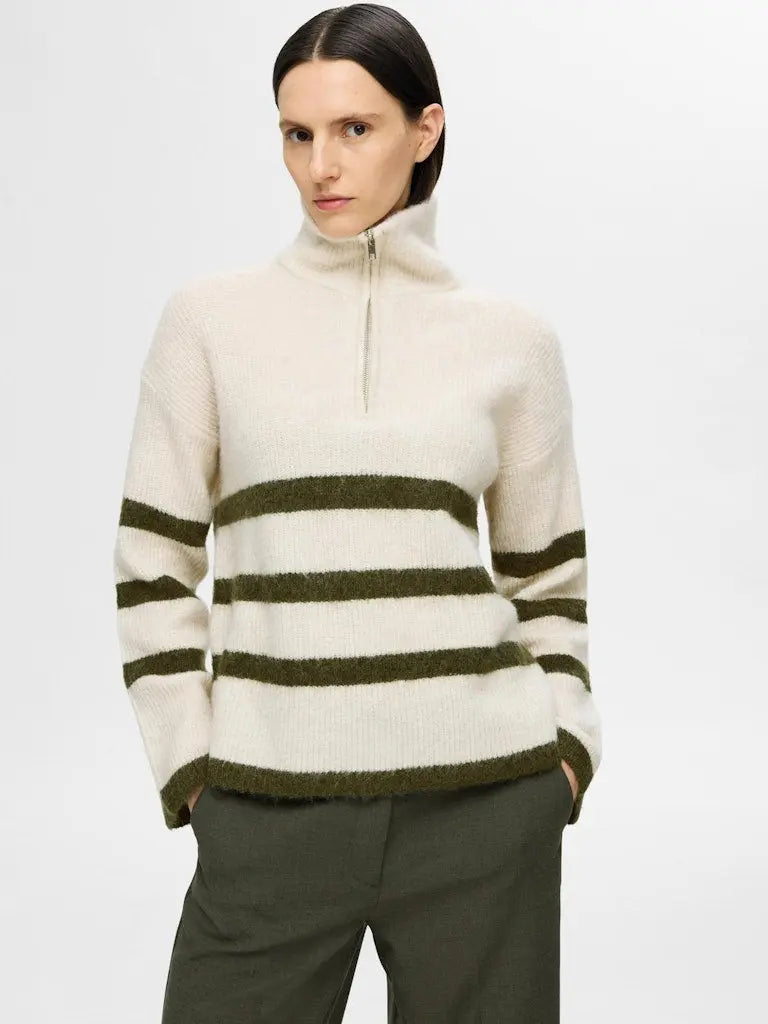 Maline Half Zip  Genser - Birch Stripes/Kalamata Selected Femme