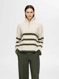 Maline Half Zip  Genser - Birch Stripes/Kalamata Selected Femme