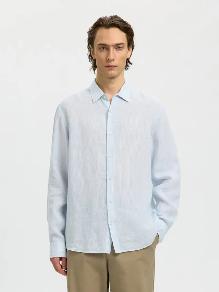 Kylian Stripe Regular Linskjorte - Bright White Stripes/Cashmere Blue Selected Homme