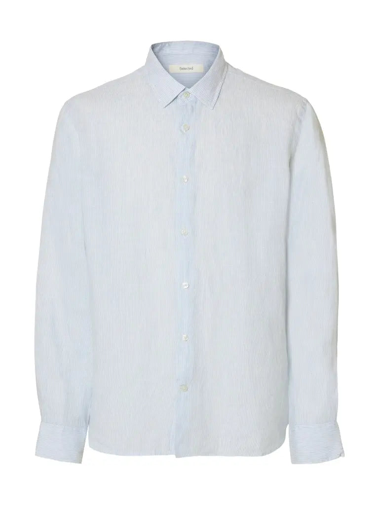 Kylian Stripe Regular Linskjorte - Bright White Stripes/Cashmere Blue Selected Homme