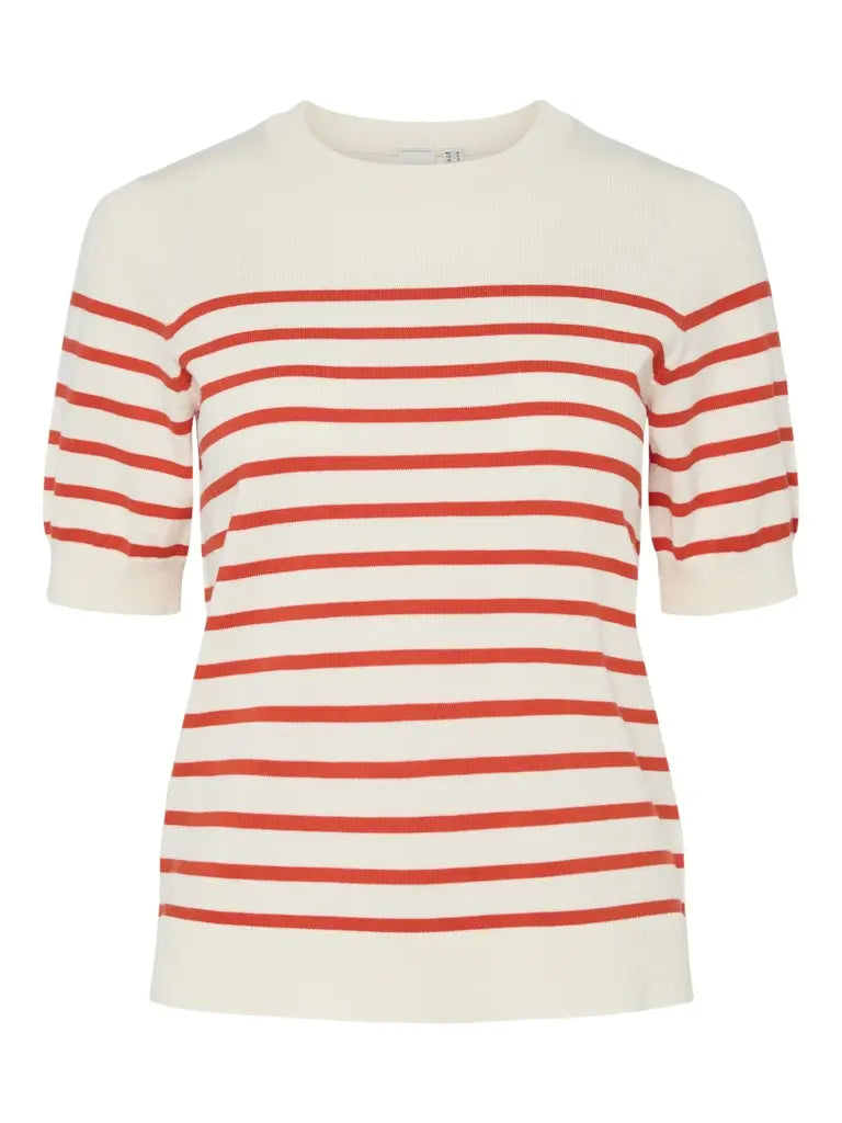 Lena Strikkegenser SS - Birch Stripes/Cherry Tomato Y.A.S