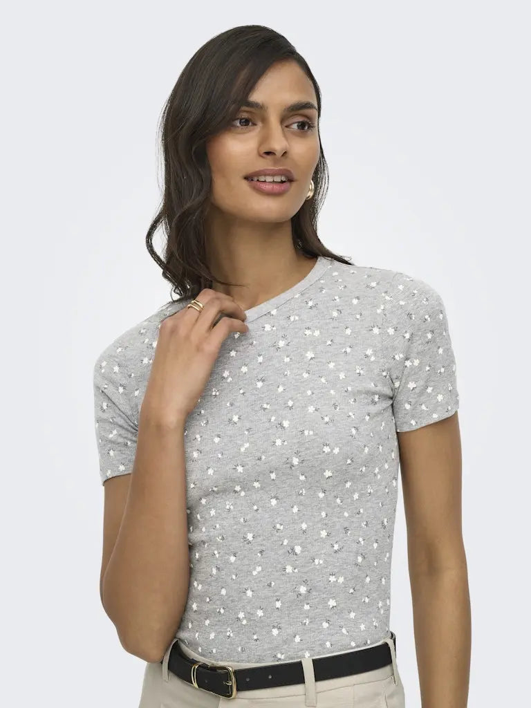 Lucky Print T-Skjorte - Light Grey Melange/Soft Flower JDY