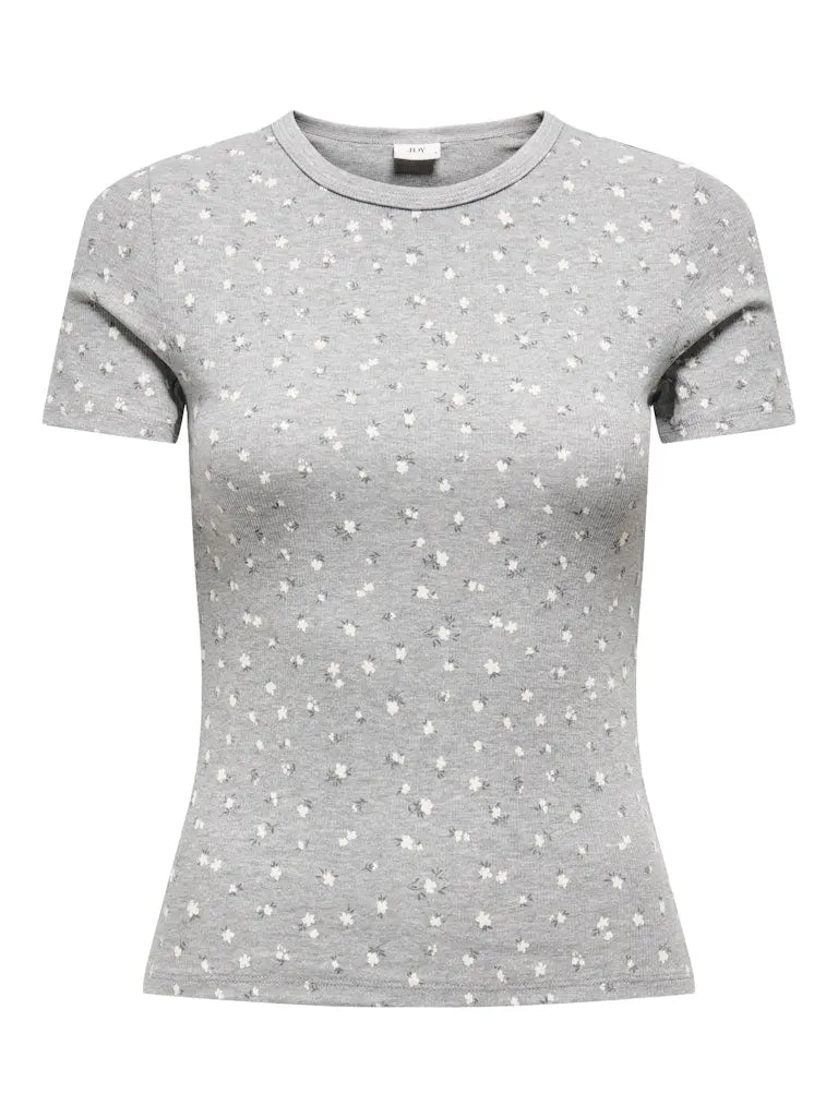 Lucky Print T-Skjorte - Light Grey Melange/Soft Flower JDY