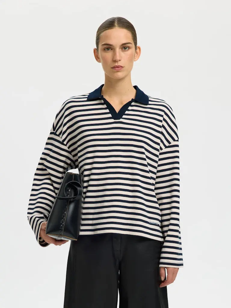 Milly LS Polo - Dark Sapphire Stripe Selected Femme