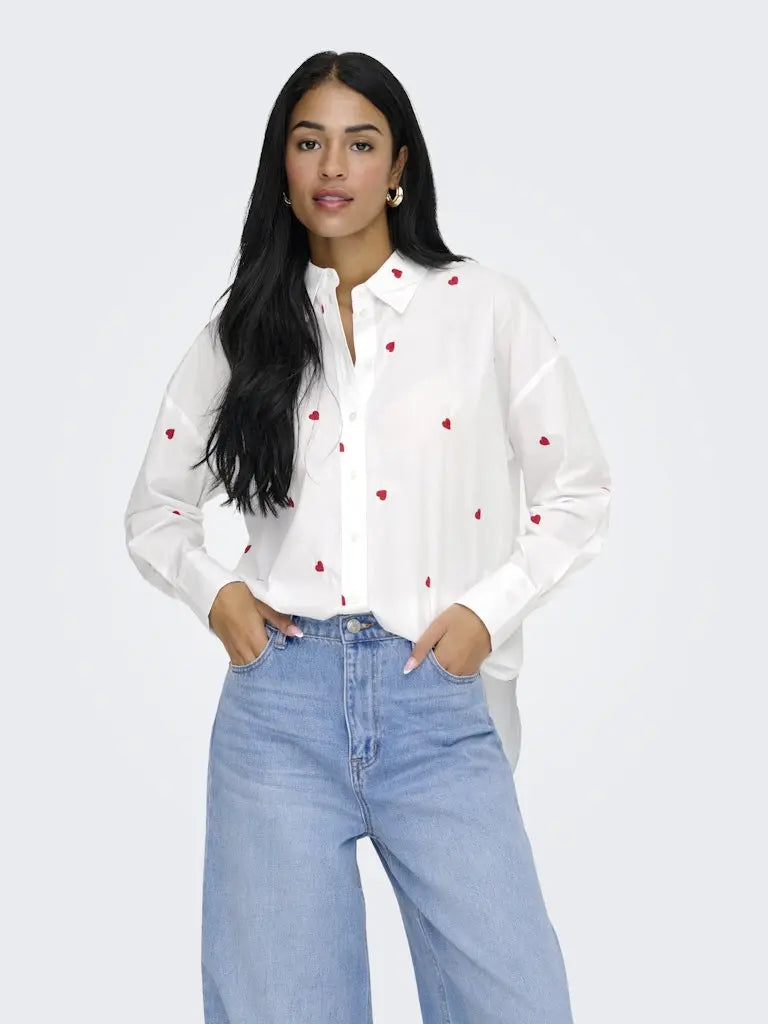 Nelly Loose Skjorte - White/Pink Heart JDY