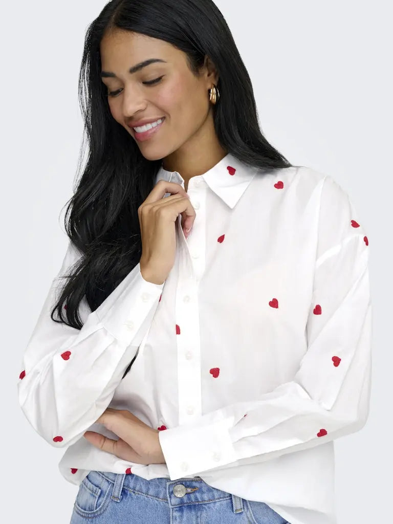 Nelly Loose Skjorte - White/Pink Heart JDY