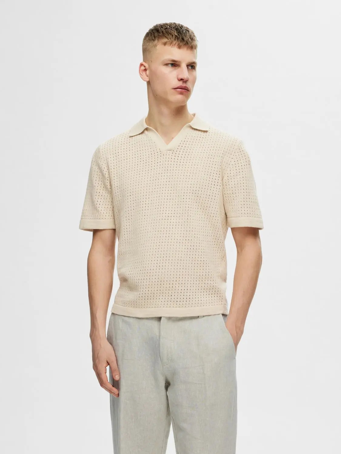 Nik Strikket Relaxed Polo - Fog Selected Homme