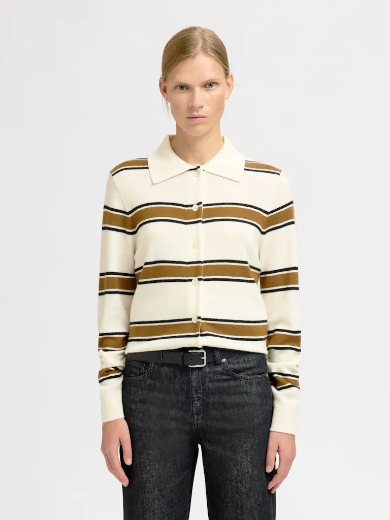 Thea Stripet Strikkejakke - Egret Stripes/ Golden Brown Selected Femme