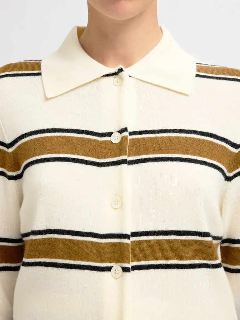 Thea Stripet Strikkejakke - Egret Stripes/ Golden Brown Selected Femme