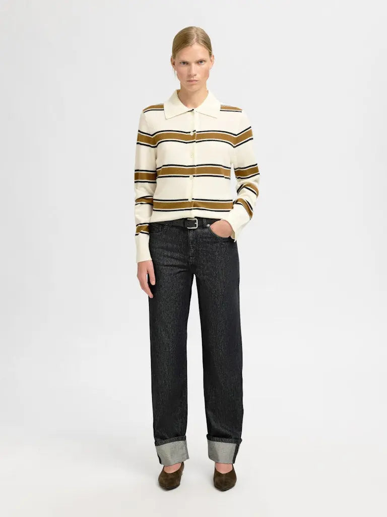 Thea Stripet Strikkejakke - Egret Stripes/ Golden Brown Selected Femme