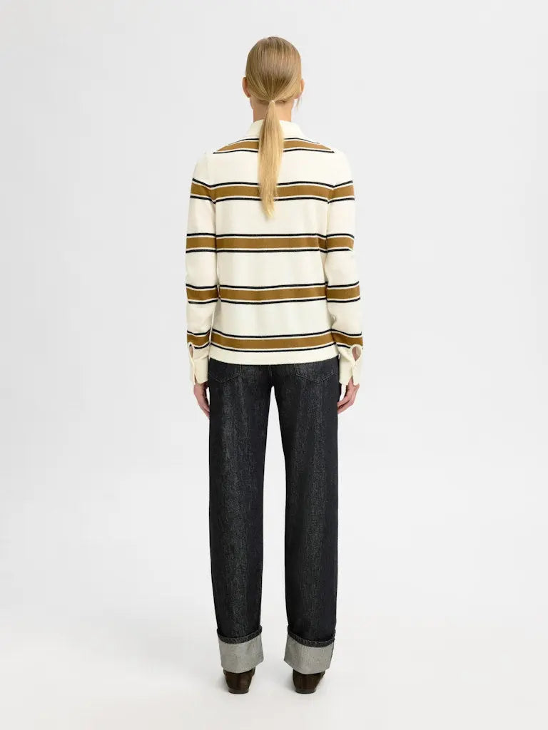 Thea Stripet Strikkejakke - Egret Stripes/ Golden Brown Selected Femme