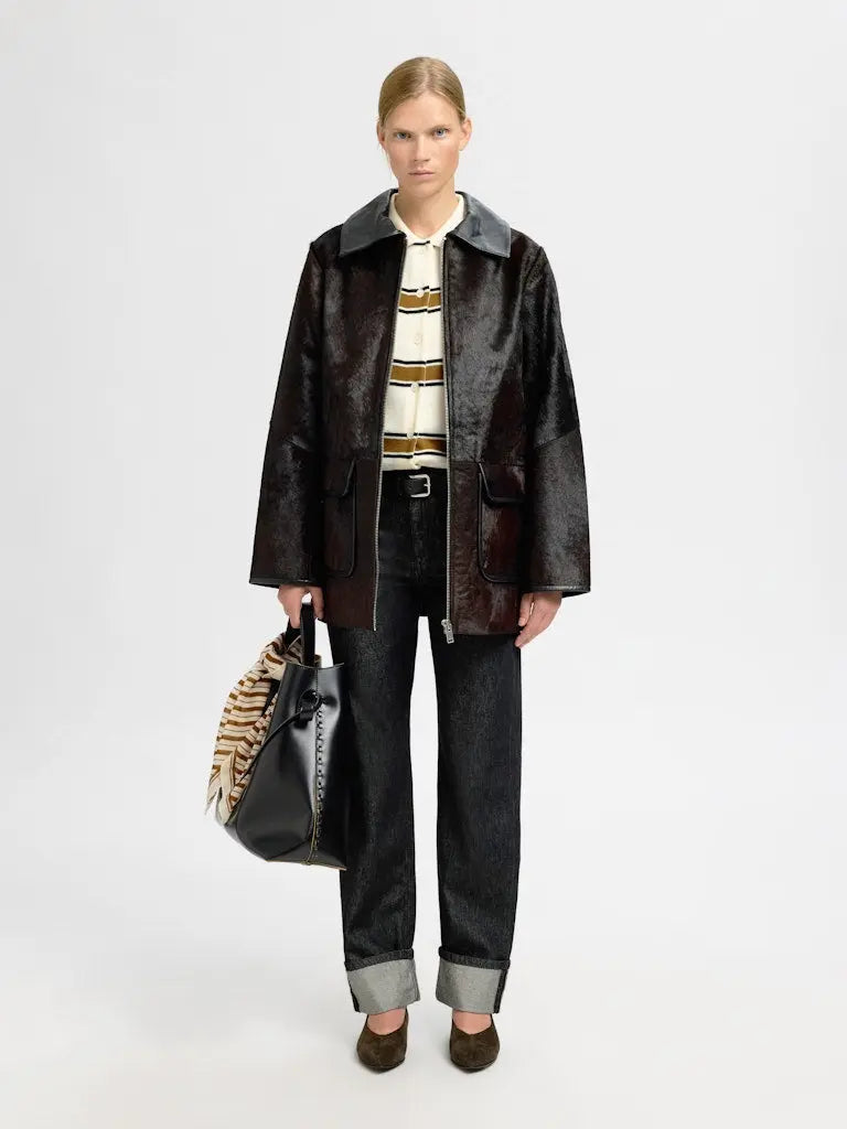 Thea Stripet Strikkejakke - Egret Stripes/ Golden Brown Selected Femme