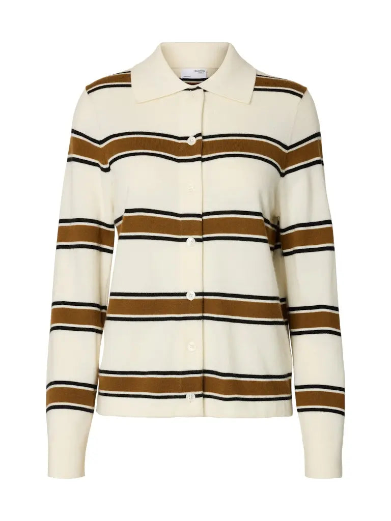 Thea Stripet Strikkejakke - Egret Stripes/ Golden Brown Selected Femme