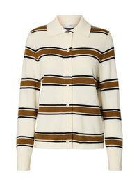 Thea Stripet Strikkejakke - Egret Stripes/ Golden Brown Selected Femme